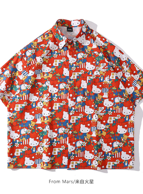 From Mars少女心猫咪 红色卡通满印短袖衬衣潮牌宽松慵懒休闲衬衫