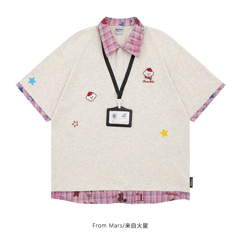 From Mars 幸福的小狗 假两件学院风Polo领短袖T恤宽松男女上衣BF