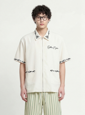 From Mars 荆棘绣领 简约白色拉链衬衫字母古巴领双口袋宽松短袖