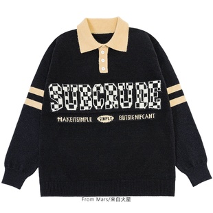 From Mars 最近出门 学院风复古撞色宽松休闲字母提花Polo领毛衣