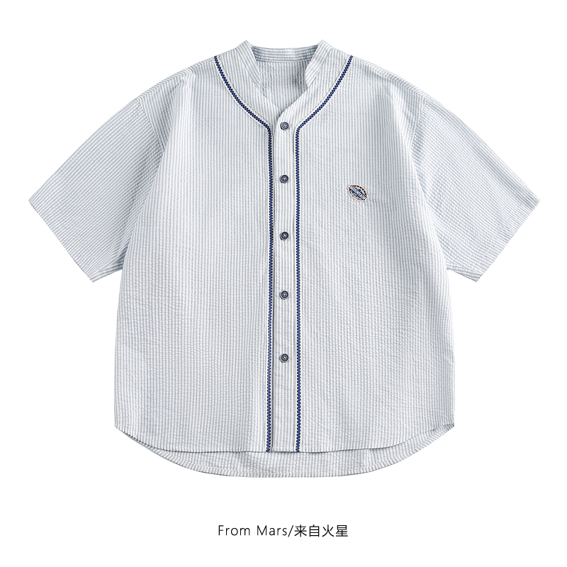 From Mars 愿望转达 夏款竖条纹棒球衬衣学院风排扣宽松短袖衬衫