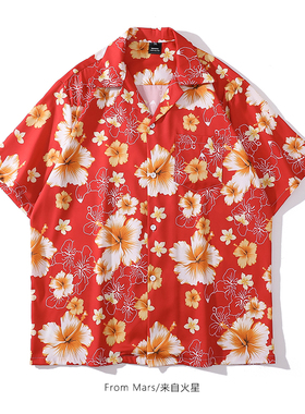 From Mars 复古红色满印短袖衬衣国潮牌宽松休闲慵懒夏威夷风衬衫