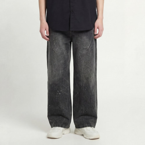 黑灰做旧泼墨阔腿牛仔裤男女