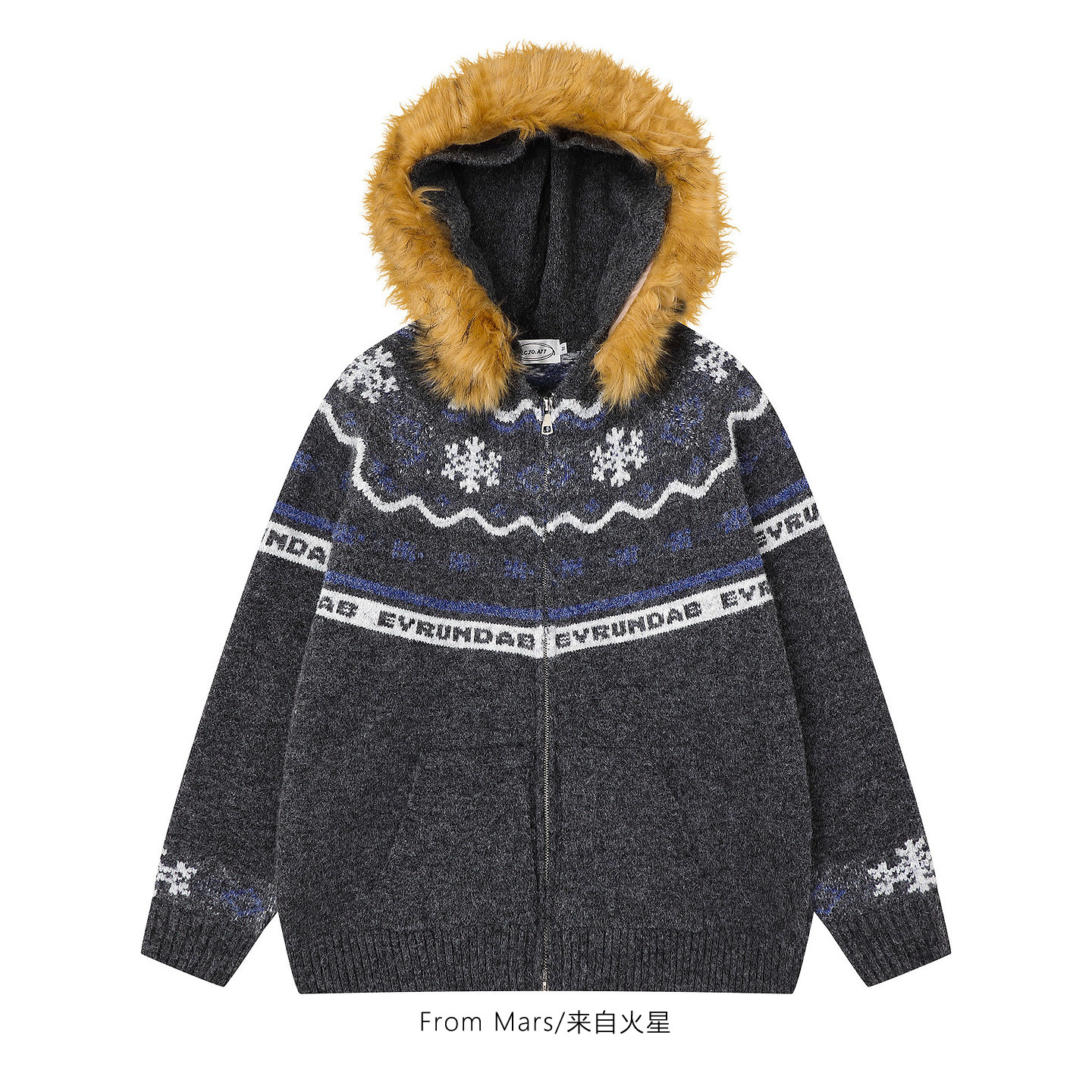 提花可拆卸毛领宽松毛衣外套