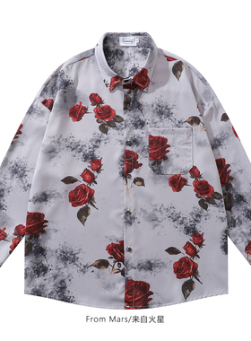 From Mars灰色碎花 复古翻领衬衫女宽松学院风衬衣休闲百搭长袖BF