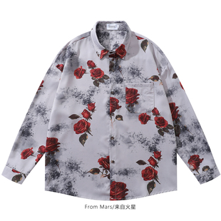 From Mars灰色碎花 复古翻领衬衫女宽松学院风衬衣休闲百搭长袖BF