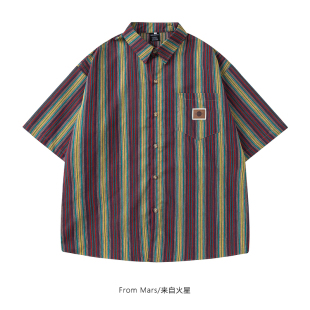 From Mars 人间值得 复古欧美条纹撞色vintage宽松短袖衬衫夏季BF
