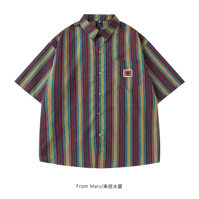 撞色vintage宽松短袖衬衫夏季BF