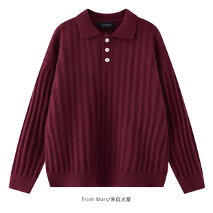 From Mars 模糊一段 港风复古纯色翻领针织慵懒风宽松男女毛衣BF