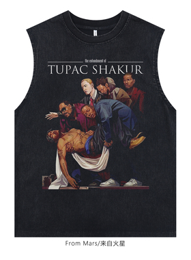 From Mars 说唱印花 美式T恤男女夏季嘻哈宽松半袖黑色街头纯棉BF