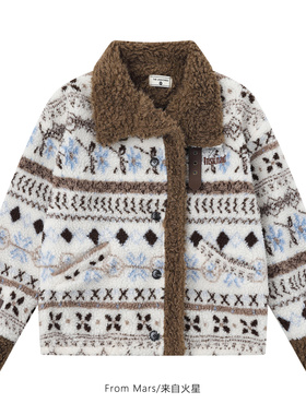 From Mars 散场的伏笔 复古费尔岛翻领提花宽松女拼接棉衣外套潮