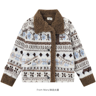 From Mars 散场的伏笔 复古费尔岛翻领提花宽松女拼接棉衣外套潮
