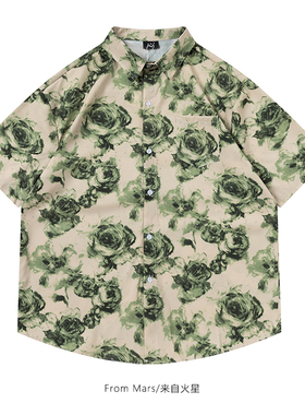 From Mars 绿色花蕾 港风复古潮牌花卉印花情侣宽松慵懒短袖衬衫