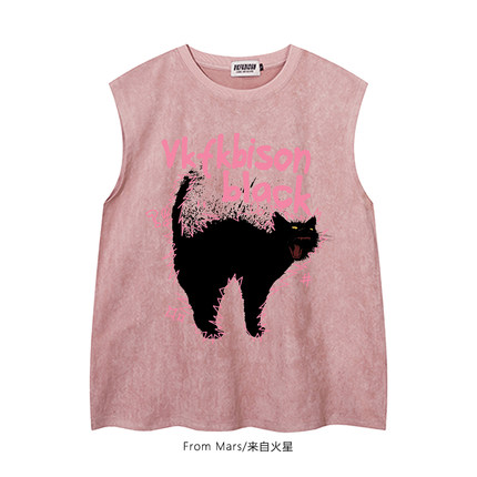 From Mars 黑猫受惊 复古夏季猫咪印花街头坎肩背心男女宽松无袖