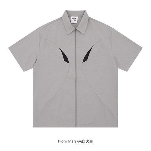 时尚痞帅设计感宽松短袖衬衫bf