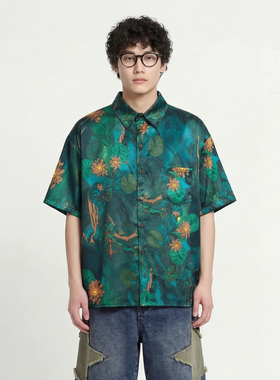 From Mars 显眼绿色 痞帅复古休闲百搭慵懒创意满印宽松短袖衬衫