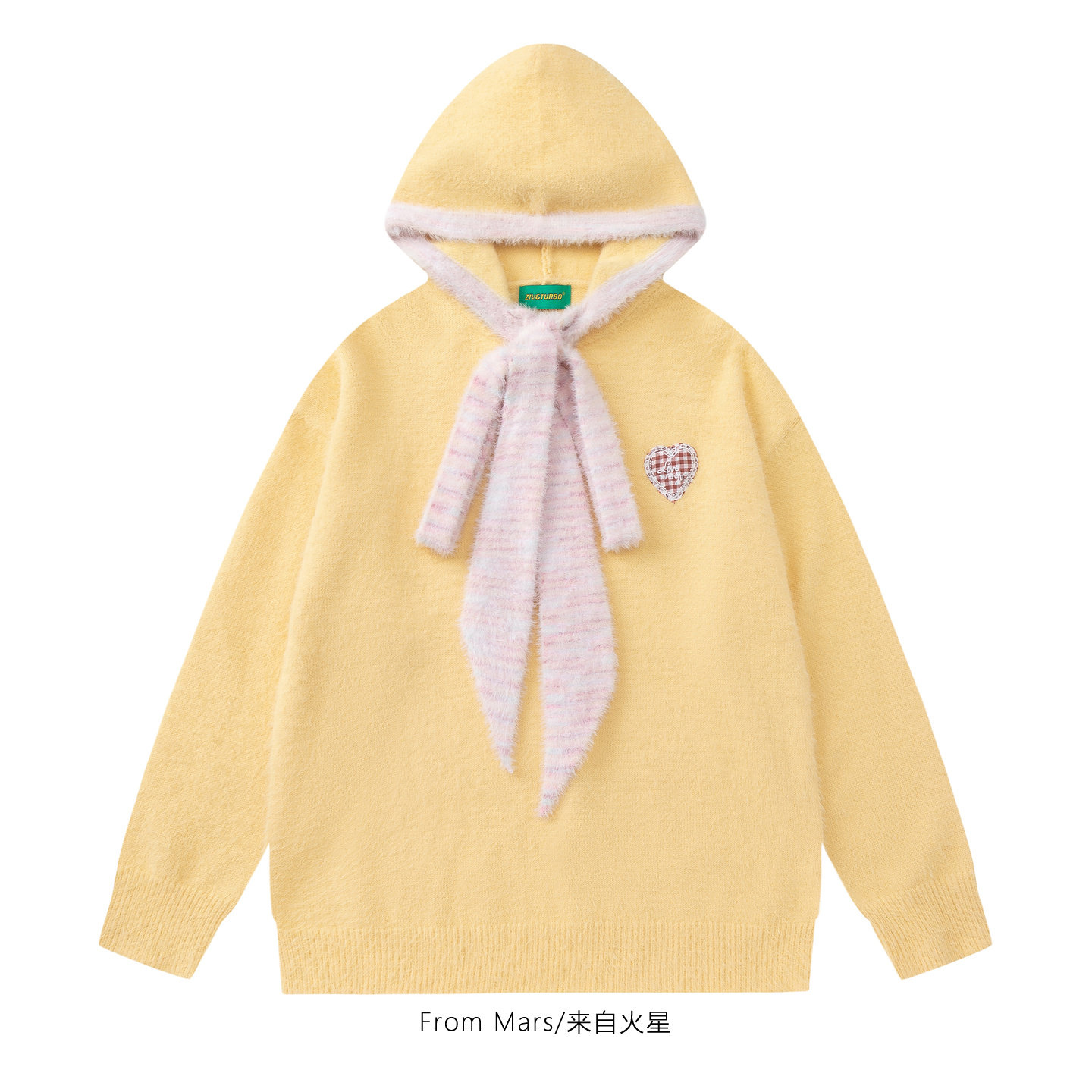 From Mars 喜乐相随 慵懒风格子蝴蝶结绑带宽松女连帽毛衣bf潮牌