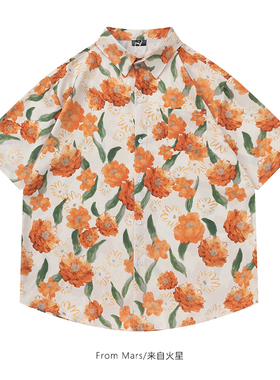 From Mars金黄桂花 美式潮牌花卉满印短袖衬衫夏威夷宽松休闲衬衣