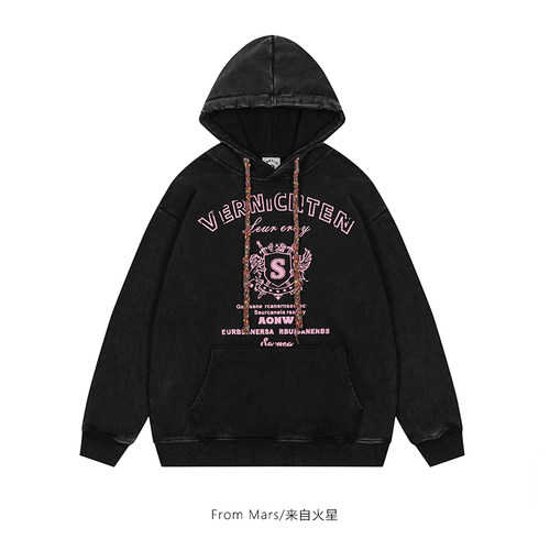 美式潮牌字母印花做旧连帽卫衣