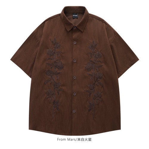 暗丝瑰绣刺绣翻领短袖衬衫潮