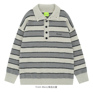 From Mars 静好如初 美式高街翻领条纹毛衣针织衫宽松男女百搭bf