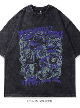 From Mars 艺术生印花 短袖男女美式复古高街宽松印花t恤痞帅黑色