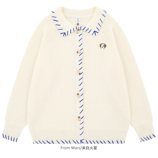 From Mars 温柔风翻领 休闲针织毛衣外套开衫简约纯色情侣上衣ins