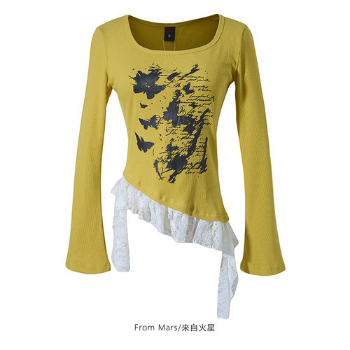 心诚自然久拼接修身短款长袖T恤