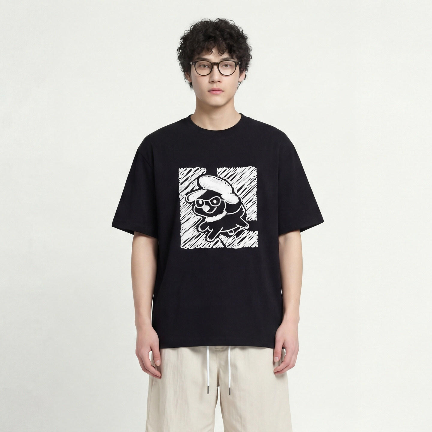 From Mars 眼镜小狗 日系蜡笔风印花短袖宽松白色T恤