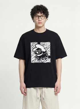 From Mars 眼镜小狗 日系蜡笔风印花短袖宽松白色T恤