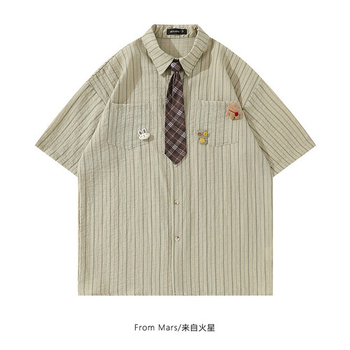 领带条纹韩系宽松夏季短袖衬衫BF