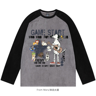 嘻哈潮街头卡通印花麂皮绒拼接宽松长袖 是你想听 T恤 Mars From