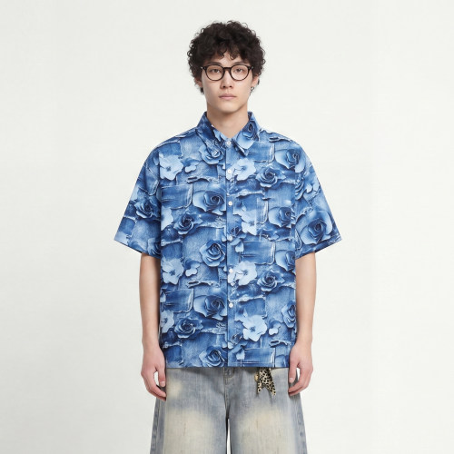 玫瑰牛仔满印短袖衬衫潮牌宽松