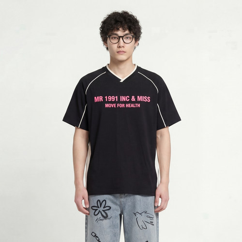 MR1991字母撞色短袖V领T恤美式