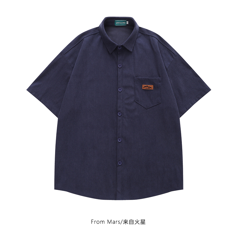 From Mars 复古美式成熟翻领衬衫休闲简约刺绣男女短袖上衣慵懒风