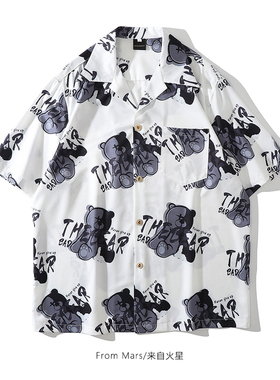 From Mars灰色小熊 欧美复古满印短袖衬衫男潮牌街头宽松情侣衬衣