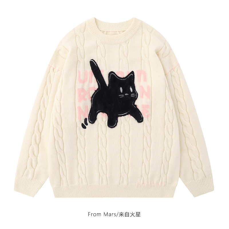 小猫字母圆领套头毛衣宽松情侣