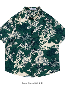 From Mars远古丛林 复古夏威夷花卉印花短袖衬衫沙滩宽松休闲衬衣