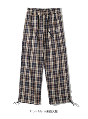From Mars 蓝色格子喜欢吗 日系复古阔腿裤潮牌宽松抽绳情侣长裤