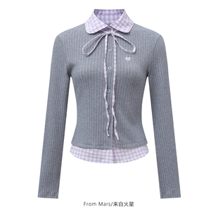 From Mars 回心转意 美式学院风格子拼接假两件慵懒女休闲毛衣BF