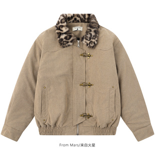 From Mars 来日为章 美式豹纹毛领拼接加厚宽松翻领棉衣外套潮女