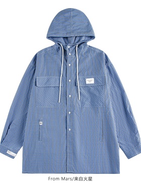 From Mars 蓝色心情 潮牌简约宽松多口袋连帽中长款格纹长袖衬衫