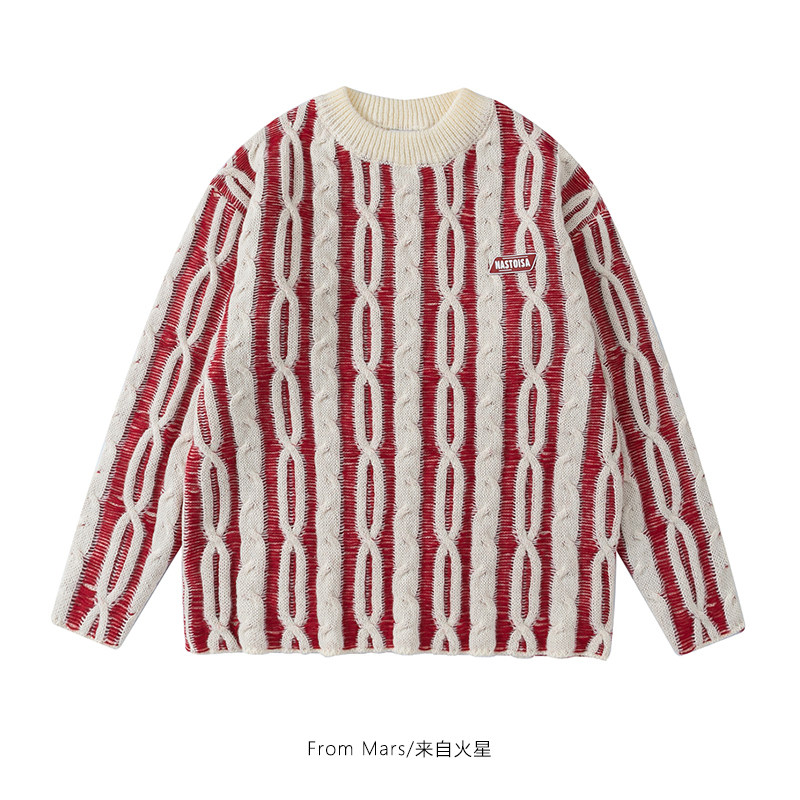 from mars永无休止 美式高街撞色竖条纹麻花针织毛衣宽松情侣百搭