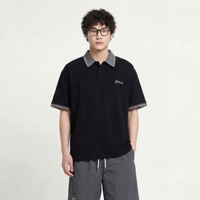 格纹撞色领刺绣字母休闲短袖