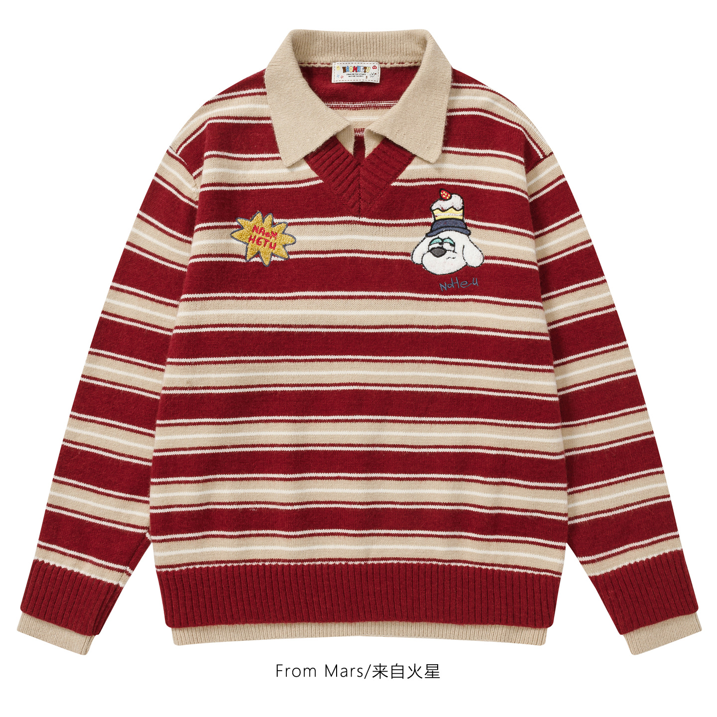 小狗翻领撞色条纹针织衫毛衣BF