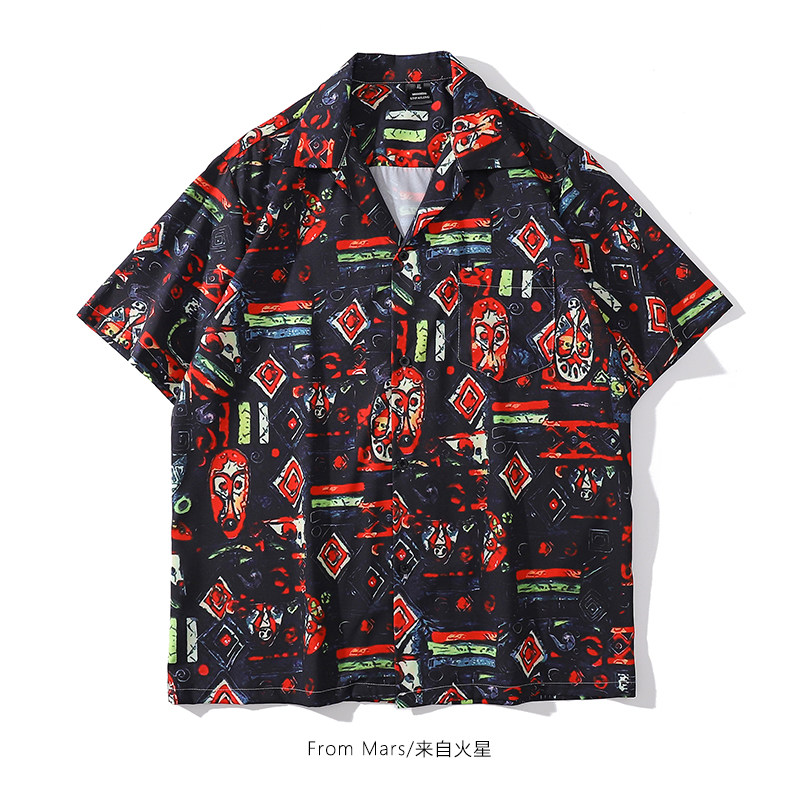 From Mars 红色脸谱 复古艺术感炸街小众vintage潮牌宽松慵懒衬衫