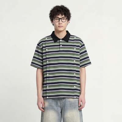 双排扣装饰条纹POLO衫短袖T恤