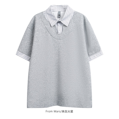 展现自信条纹翻领假两件短袖T恤