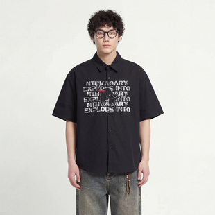 From Mars Old cat overprinted letters short-sleeved shirt