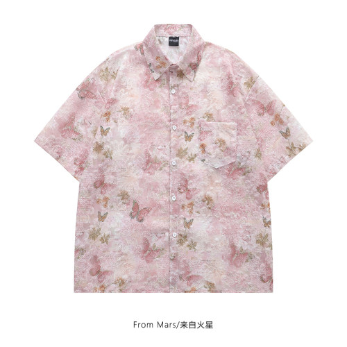 蝴蝶满印休闲男女宽松短袖衬衫夏
